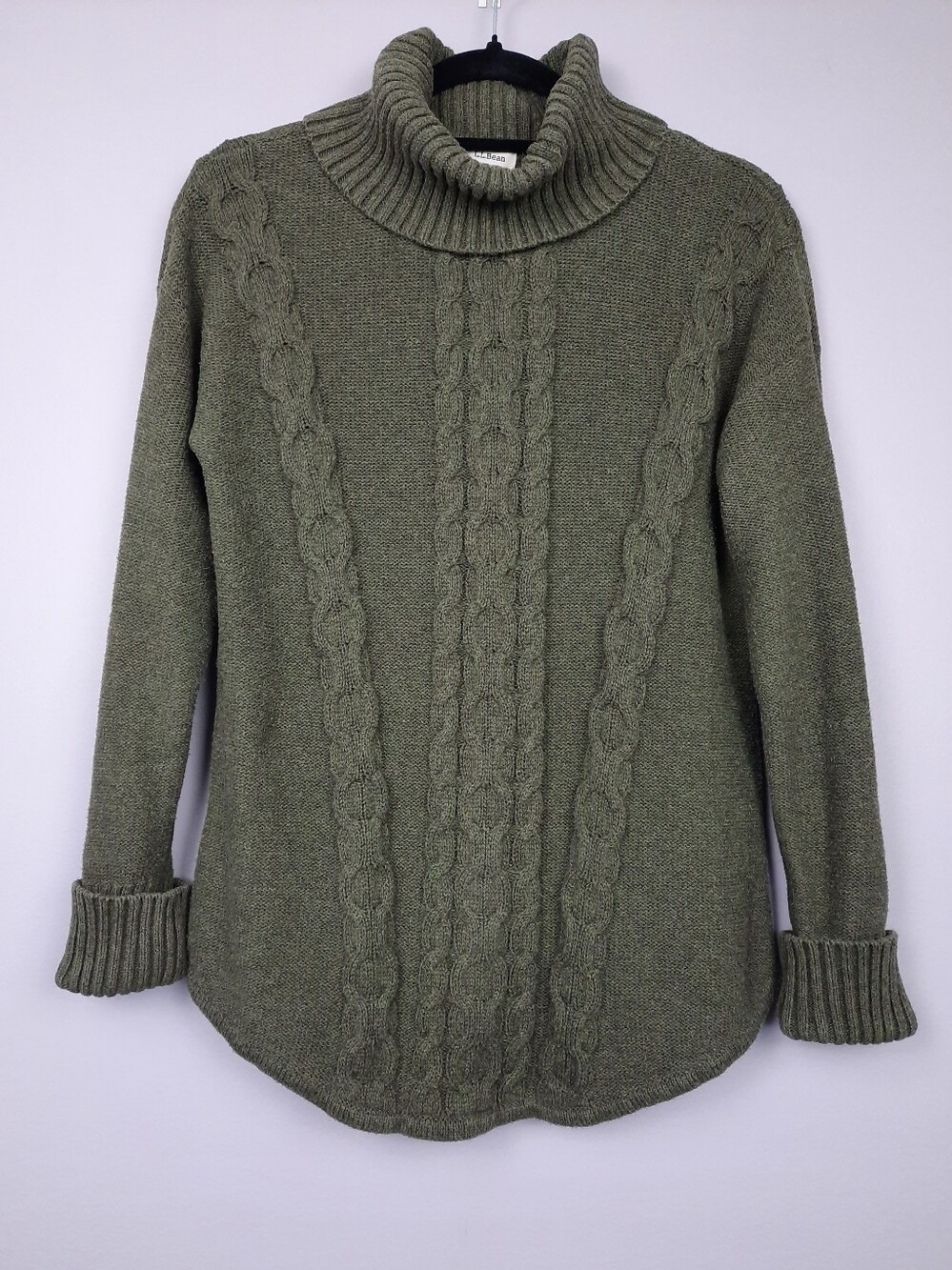 L.L. Bean Green Cotton Cable Knit Turtleneck Fisherman Sweater Medium Petite